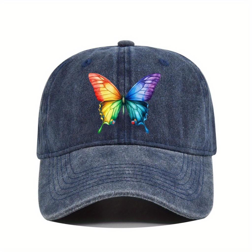 Rainbow Butterfly Print Polyester Baseball Cap Distressed Denim Style Casual Outdoor Adjustable Hat