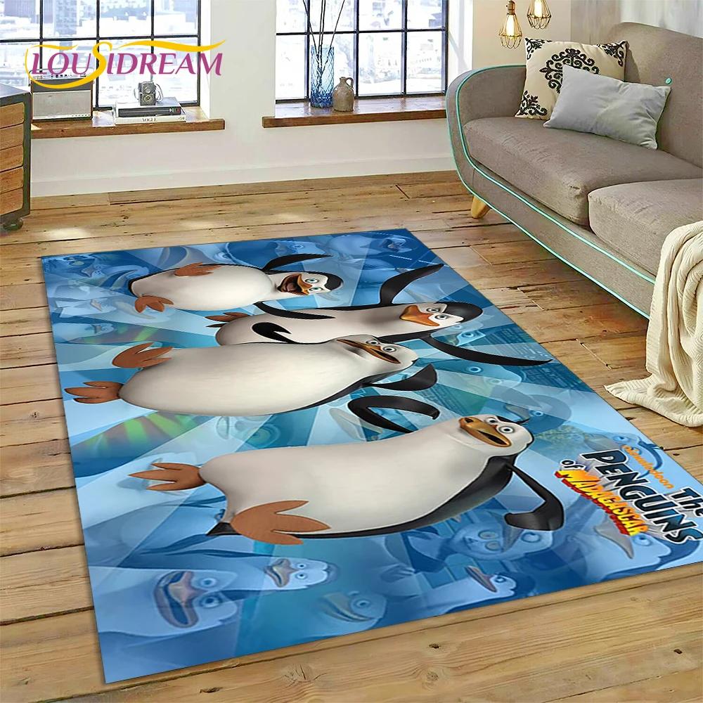 Roztomilý kreslený koberec s tučňáky z Madagaskaru pro obývací pokoj, ložnici, domácí dekoraci pohovky, koberec do dětského pokoje, protiskluzová podložka na podlahu, dárek