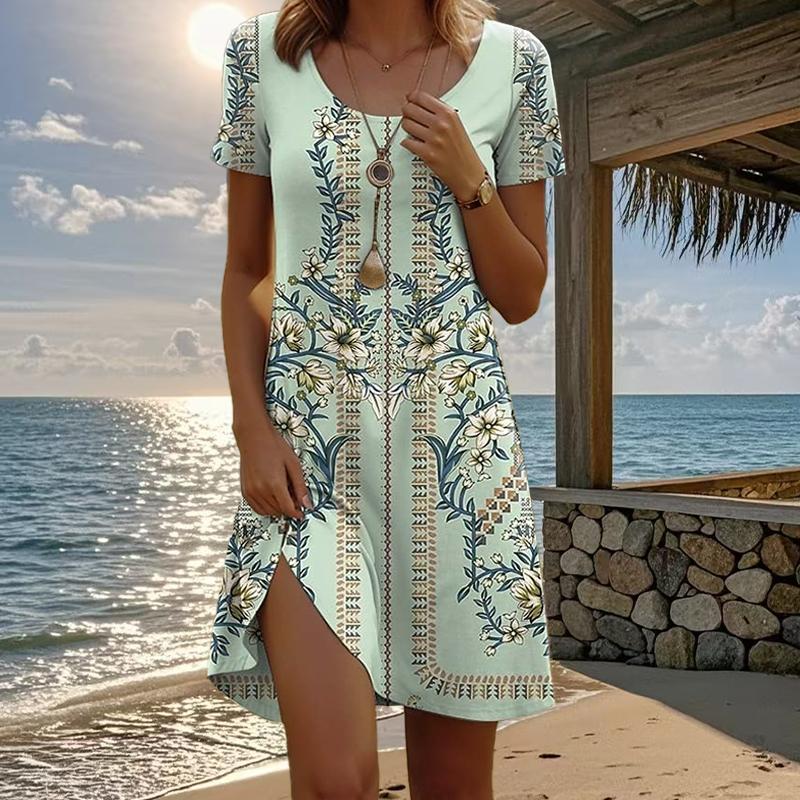 Women's Fashion Graceful Retro Flower Print Summer Spring Short Sleeve O-Neck Casual Dresses
