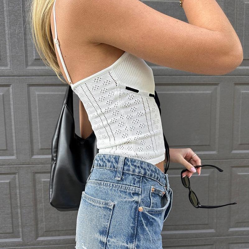 Women's Hollow Wearing Rope with Light Wool Woven Halter Spice Sexy Contrast Color Waist Vest Top