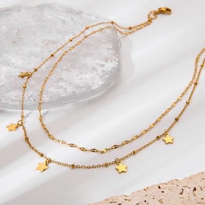 European and American Ins Exquisite Fashion Five-pointed Star Fringed Double-layer Necklace Women's Plated 18k Gold Stainless Steel Waterproof Neck