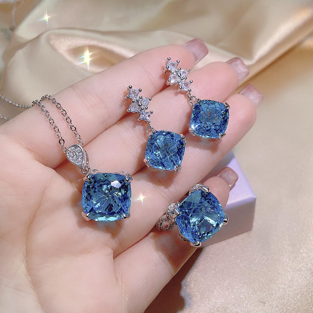 Fat Square 15 Set Yellow Diamond Kratopa Stone Pendant Violet Stud Earrings Aquamarine Fanta Color Treasure Ring