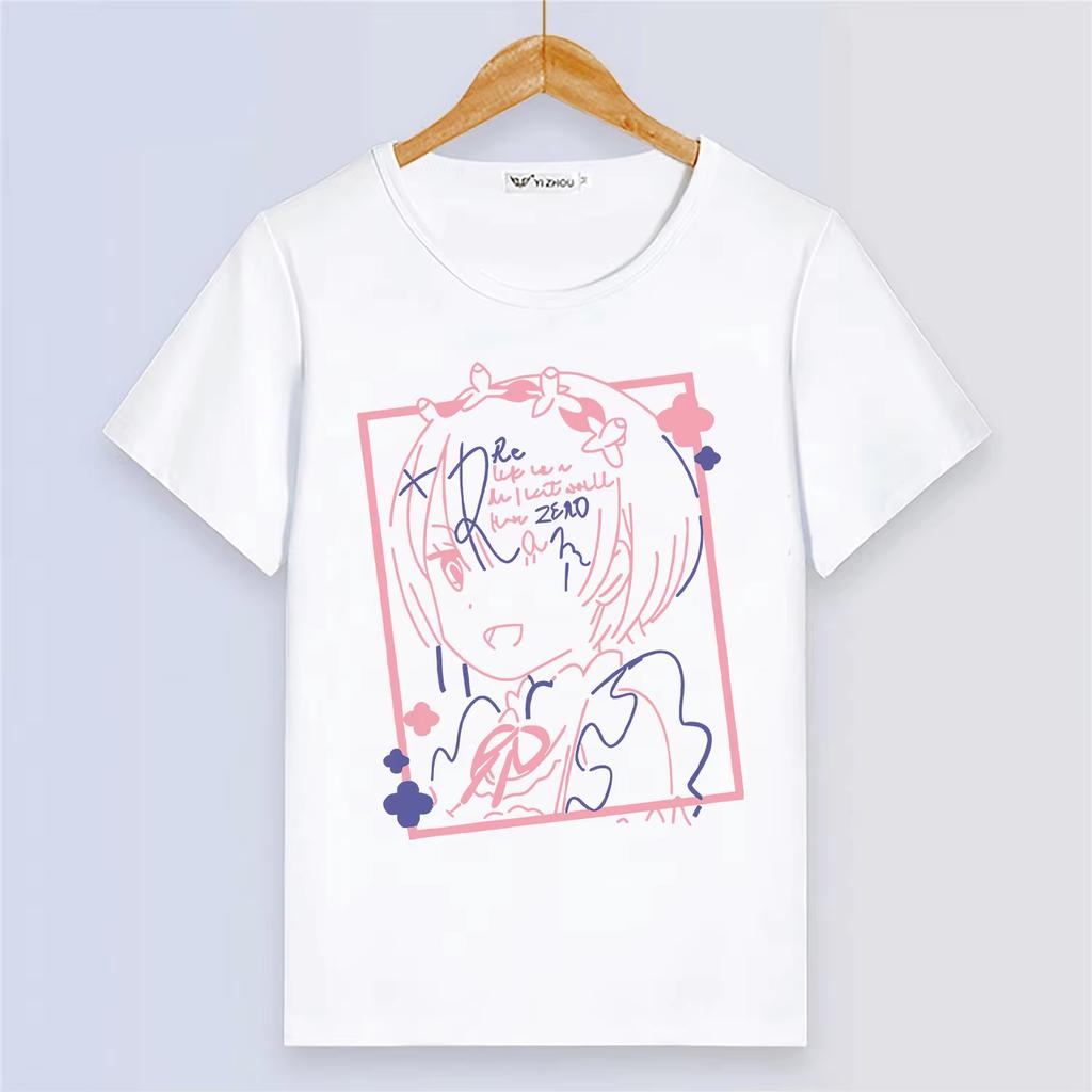 Anime Rem Ram Emilia Sommer Kurzarm Cartoon Druck Weiß Atmungsaktiv Oberteil Damen und Herren T-Shirt