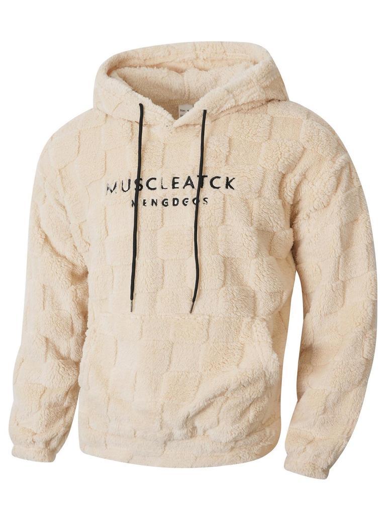 2025 Autumn/Winter Men's Embroidered Fur Hoodie with Drawstring