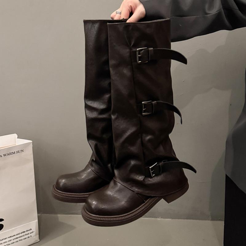 

Thick-soled long-leg knight boots women s shoes 2025 new autumn and winter trousers stacking boots high-soled but knee-thin long boots 40 коричневый