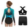 Girls Sparkly Rhinestones Color Block Leotard Long Sleeve Keyhole Back Design Cross Back Vest Shorts Skating Outfit