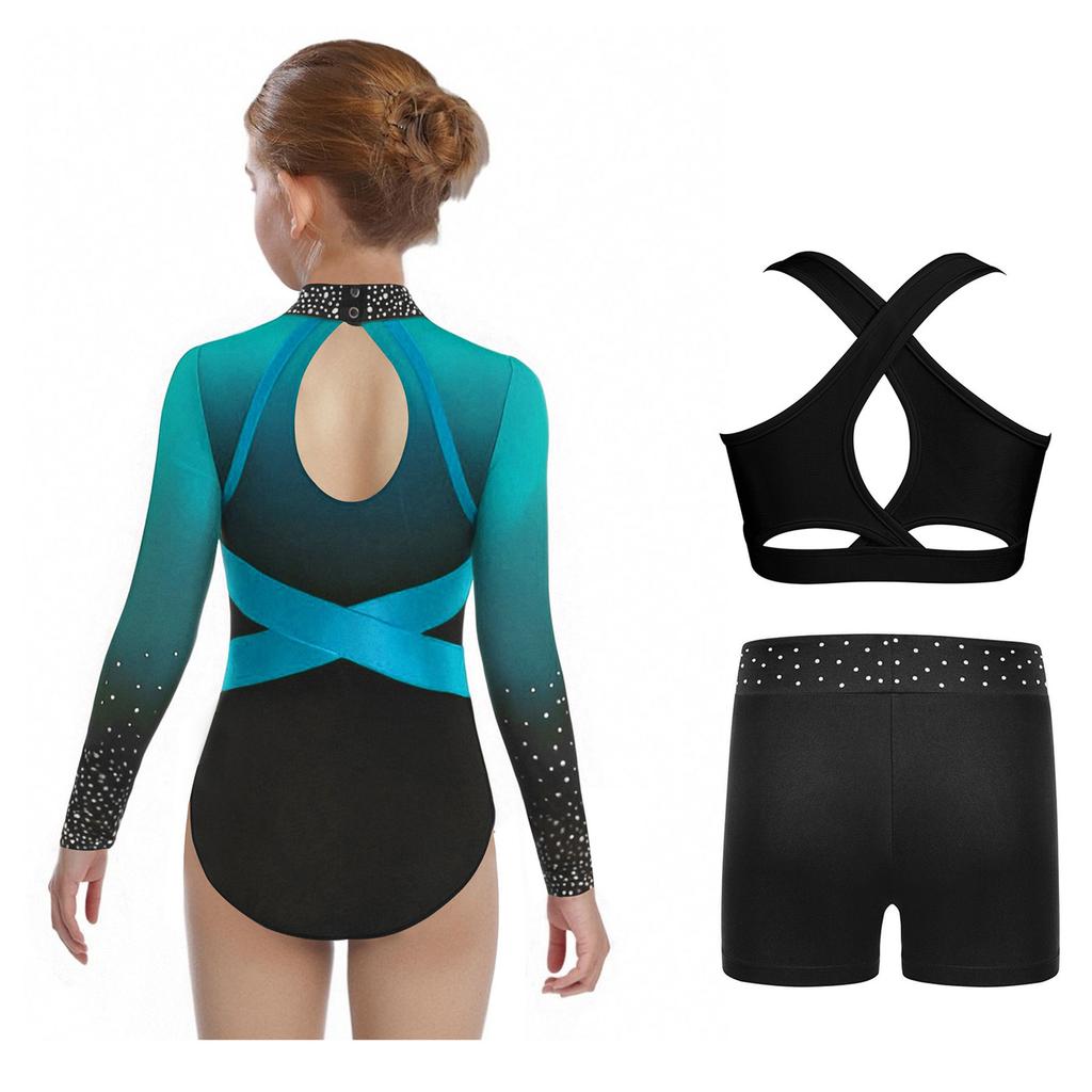 Girls Sparkly Rhinestones Color Block Leotard Long Sleeve Keyhole Back Design Cross Back Vest Shorts Skating Outfit