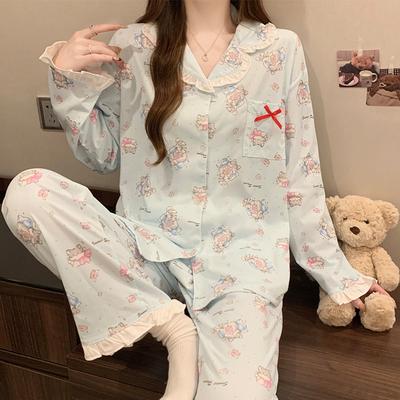 Imitation Cotton Pajamas Women's Spring and Autumn Cardigan Long-sleeved Comic Cat High-end Bow Loungewear Set