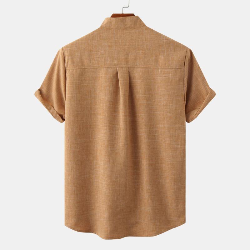 Men Stand Collar Half Placket Chest Pocket Short Sleeve Cotton Linen Shirt Solid Loose Breathable Casual Summer Blouse