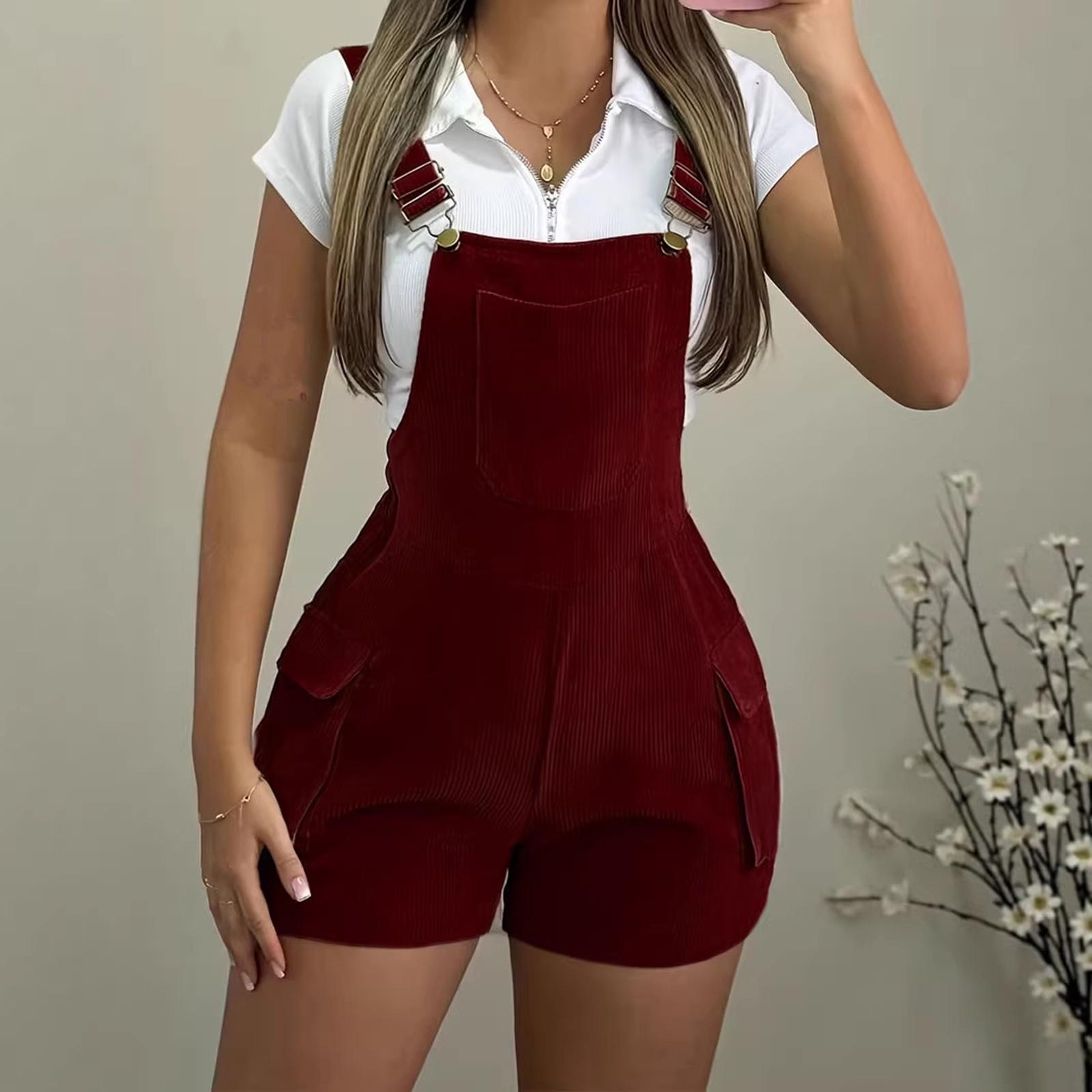 

Women s Fashionable Casual Multi-Pocket Corduroy Suspender Jumpsuit Shorts XL винний