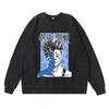 Dark Washed Vintage Anime Print Streetwear Hoodie Men - Retro Black Cotton Crewneck Sweatshirt Fall Casual Wear