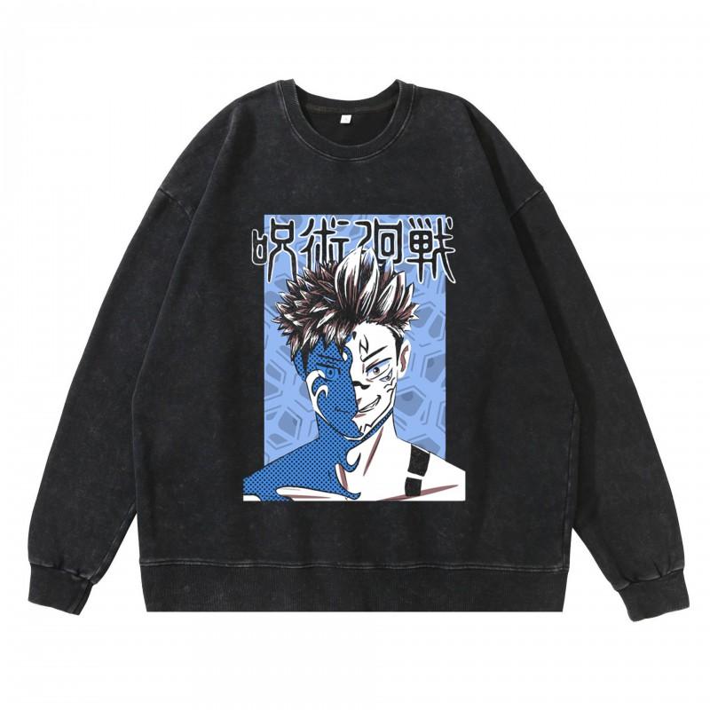 Dark Washed Vintage Anime Print Streetwear Hoodie Men - Retro Black Cotton Crewneck Sweatshirt Fall Casual Wear