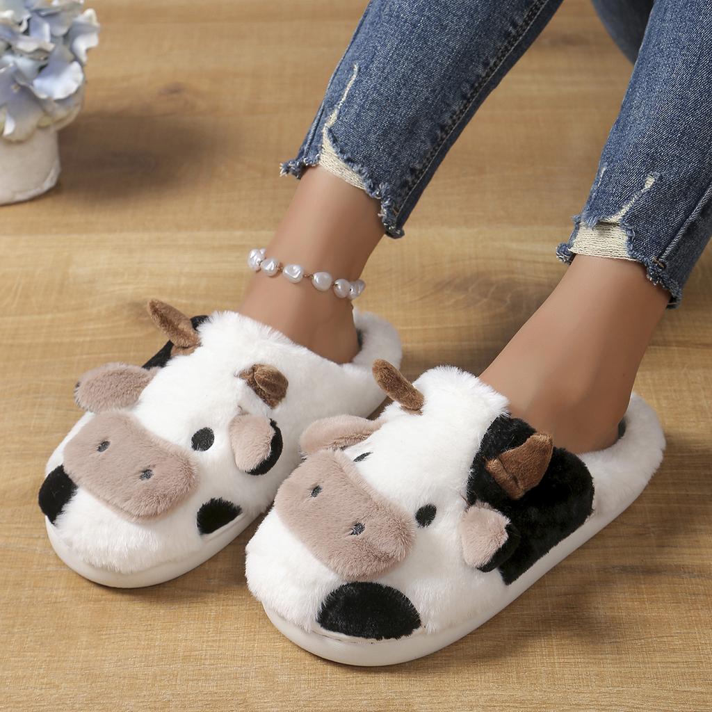 Fashion 2025 New Women Slippers Couple Indoor Non-slip House Shoes Men Women Unisex Cartoon Cow Warm Slippers Home Cotton Slides Women