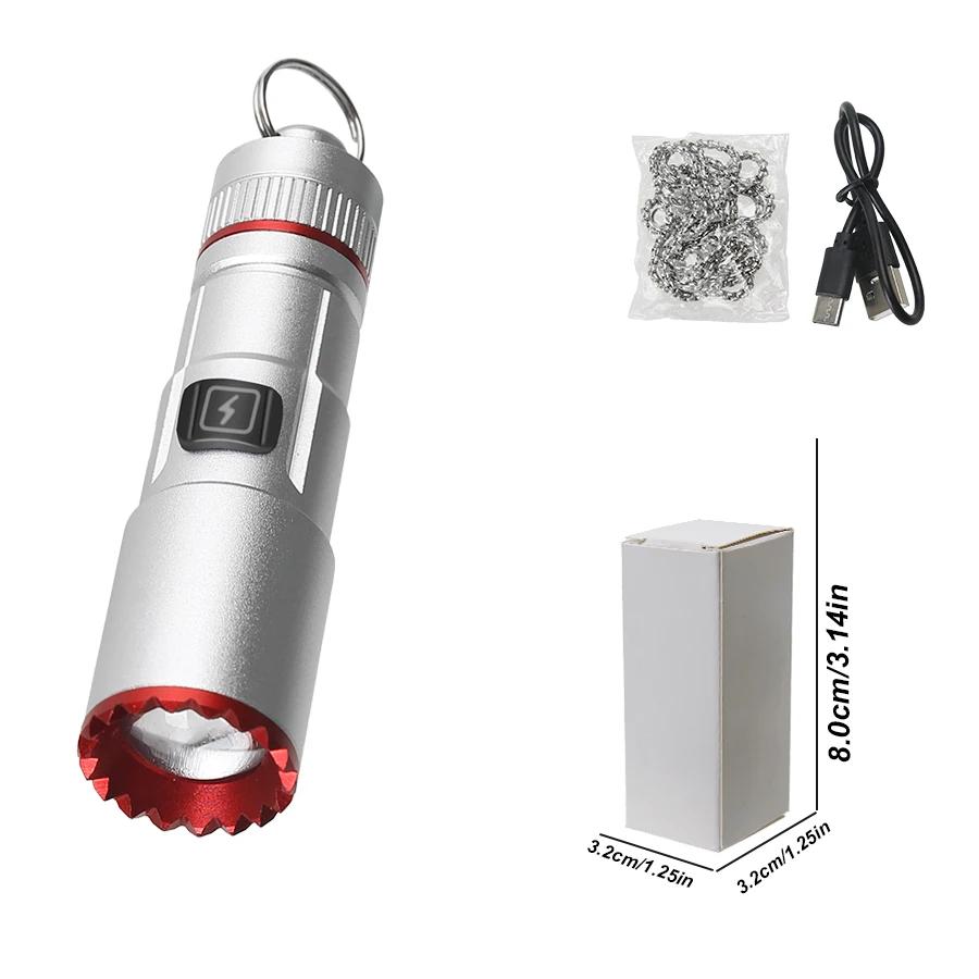 Rechargeable Mini Portable LED Flashlight with Neckchain 5 Lighting Modes Aluminum Alloy Appearance Telescopic Zoom Flashlight
