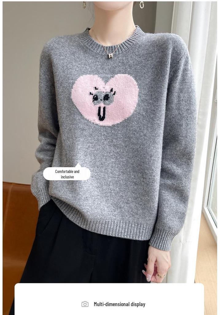 2025 Women's Heart Jacquard Wool Pullover: Autumn/Winter Fashion Versatile Round Neck Knitwear.