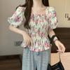 Princess short Spice girl square collar tea break floral new flared sleeve thin casual French casual short-sleeved top