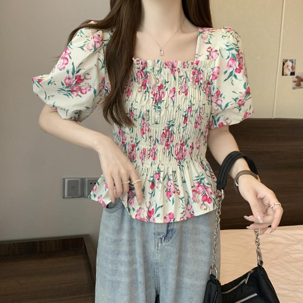 Princess short Spice girl square collar tea break floral new flared sleeve thin casual French casual short-sleeved top