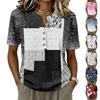 Women's Short Sleeve Cotton Linen Shirt Henley Button Neck Casual Loose Fit Printed Blouse Comfortable Lightweight Summer Top