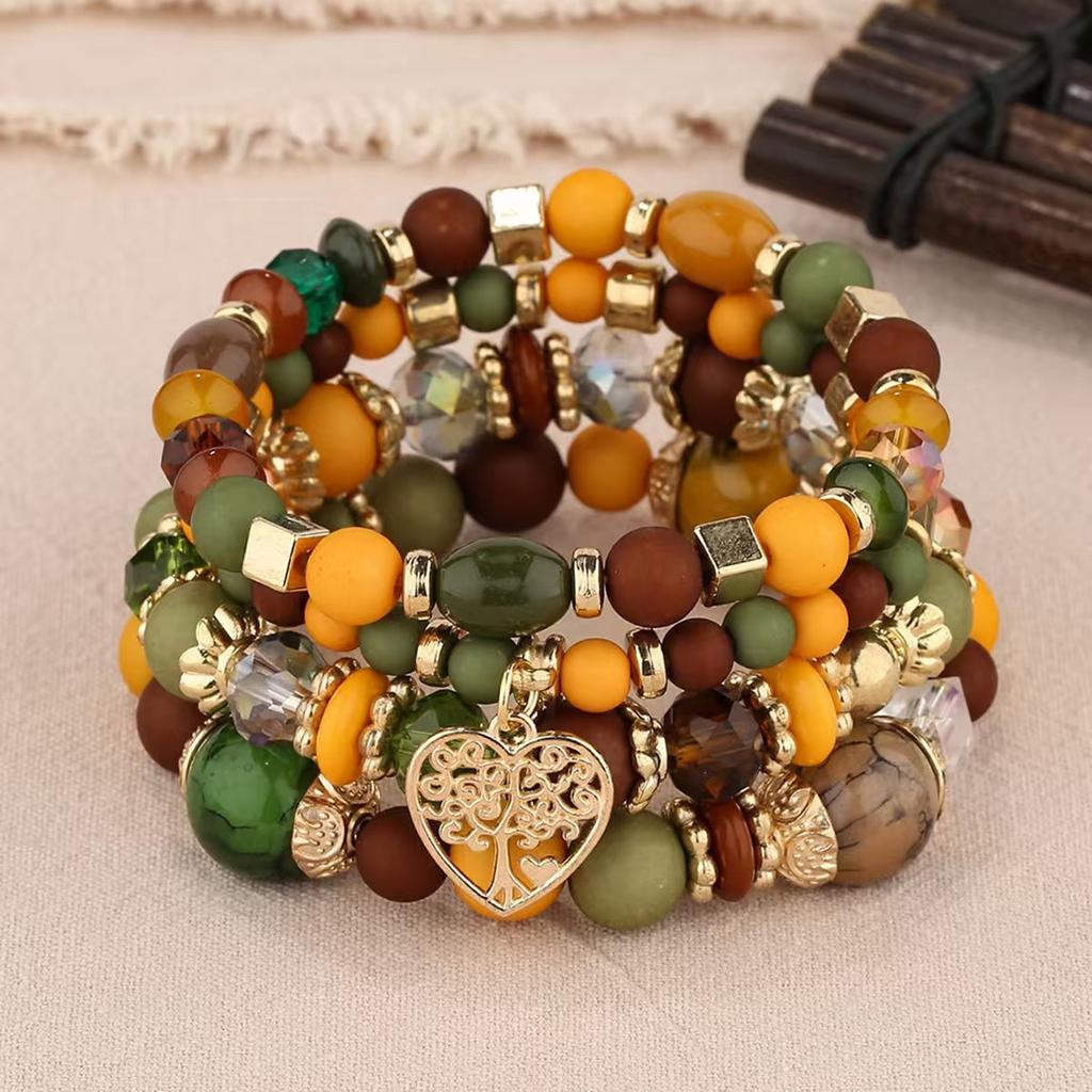 Bohemian Heart Tree Charm Bead Bracelets Set New Statement Multilayered Bracelets Pendant Charm Stretch Bangles Female Jewelry