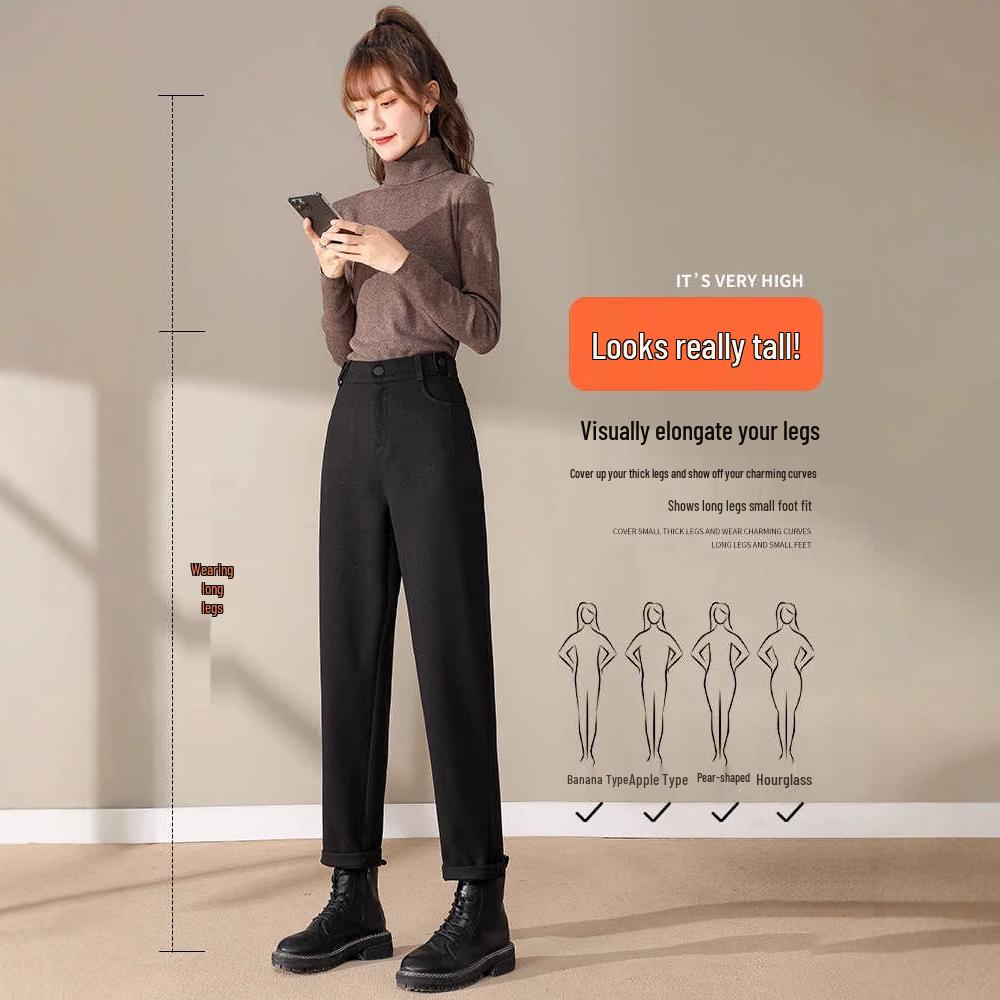 Women's Black Wool Fleece-Lined High Waist Loose Straight-Leg Harem Pants for Autumn and Winter