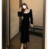 Lace black velvet dress women's autumn and winter small black dress slim-fitting hip-wrapped fishtail long skirt