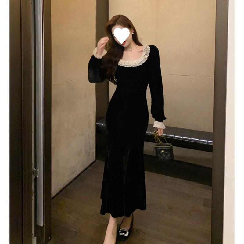 Lace black velvet dress women's autumn and winter small black dress slim-fitting hip-wrapped fishtail long skirt