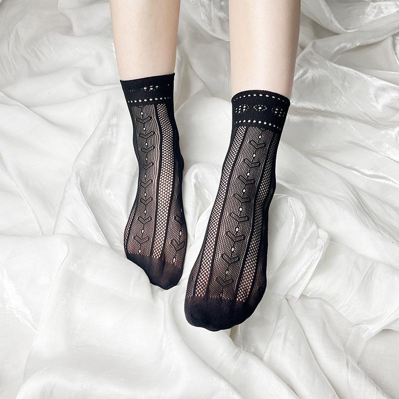Calzini da donna in rete nera a pois con pizzo - Estivi, Sottili, Corti e Casual