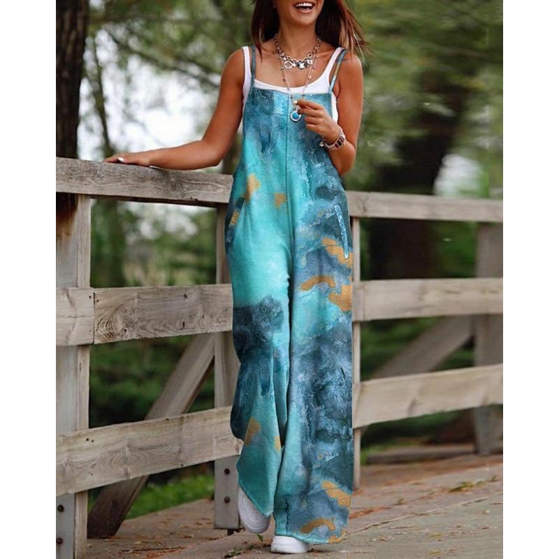Women's Fashion Printed Camisole Pocket Wide Leg Jumpsuit