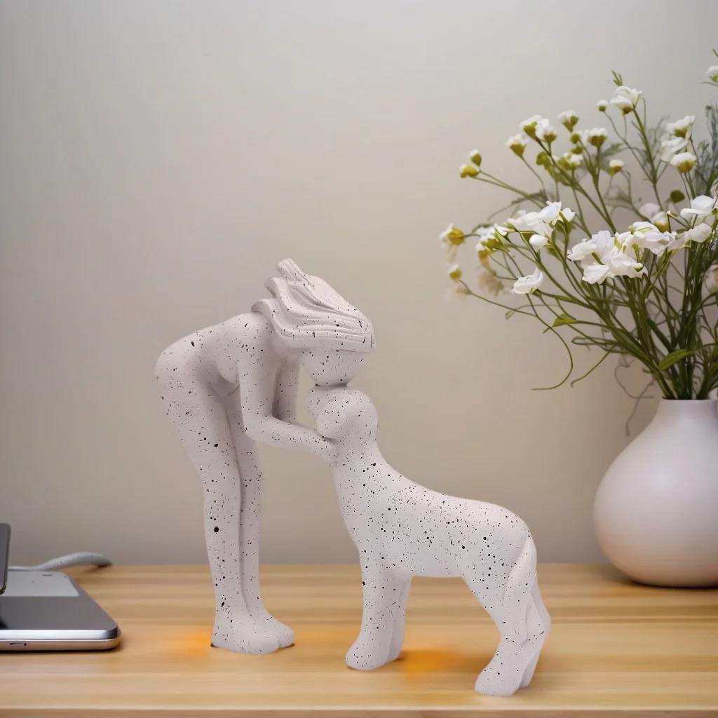 Abstract Black Resin Sculpture: Woman & Dog Hugging Figurine - Modern Pet Lover Gift Home Office Decor