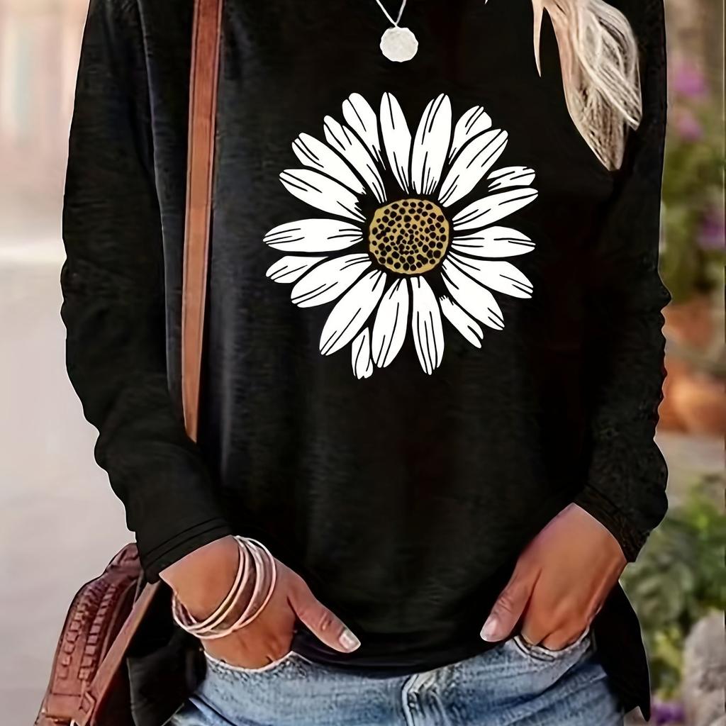 Stilvolles T-Shirt mit floralem Print und Rundhalsausschnitt - Weiche Baumwollmischung, Mittlere Elastizität,