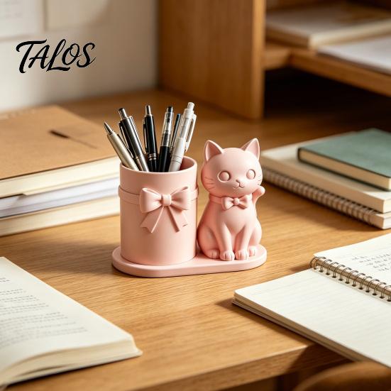 Cat Pen Holder, Cute Kitty Desk Organizer with Pens, Pencils, Makeup Brushes, 3D Printed Cat Sculpture for Home Office Desk Decor