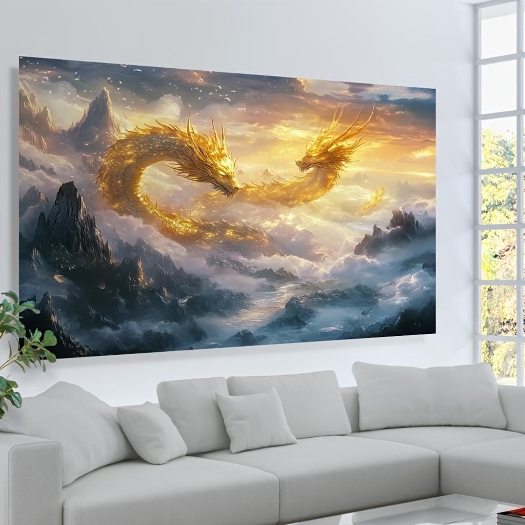Majestic Golden Dragon Tapestry Wall Art Fantasy Decor Large Mythological Beast Tapestry 180x280cm Bedroom Hallway Print