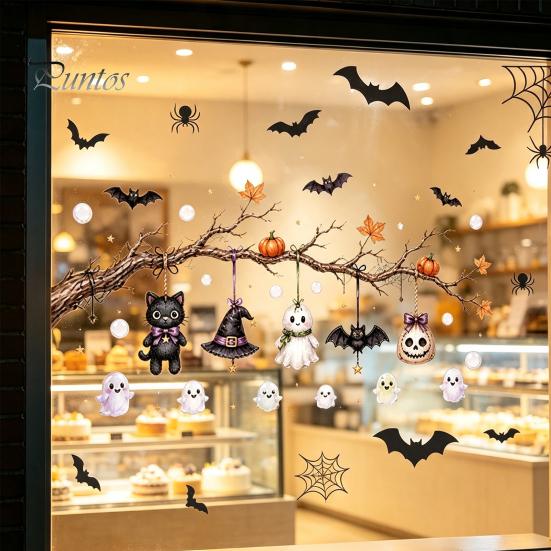 Static Cling Ghost Bat Pumpkin Stickers 2 Sheets Halloween Window Stickers, Spider Web Decals, Spooky Atmosphere Wall Decals Waterproof for