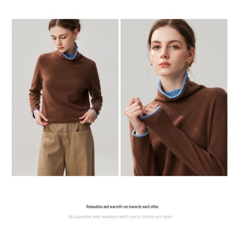 2026 A/W Stacked Collar Color Block Two-Piece Look Cashmere Women’s Pullover Long Sleeve Knit Sweater