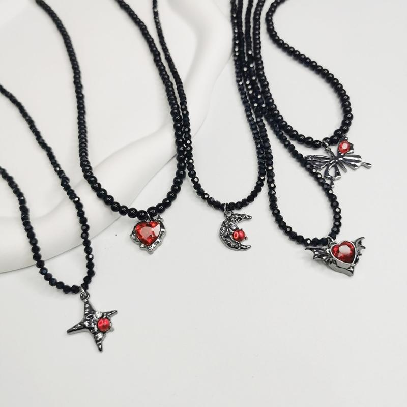 Gothic Style Heart And Butterfly Black Crystal Beaded Necklace Unique Neck Chain For Women Seeking Unique Fashion