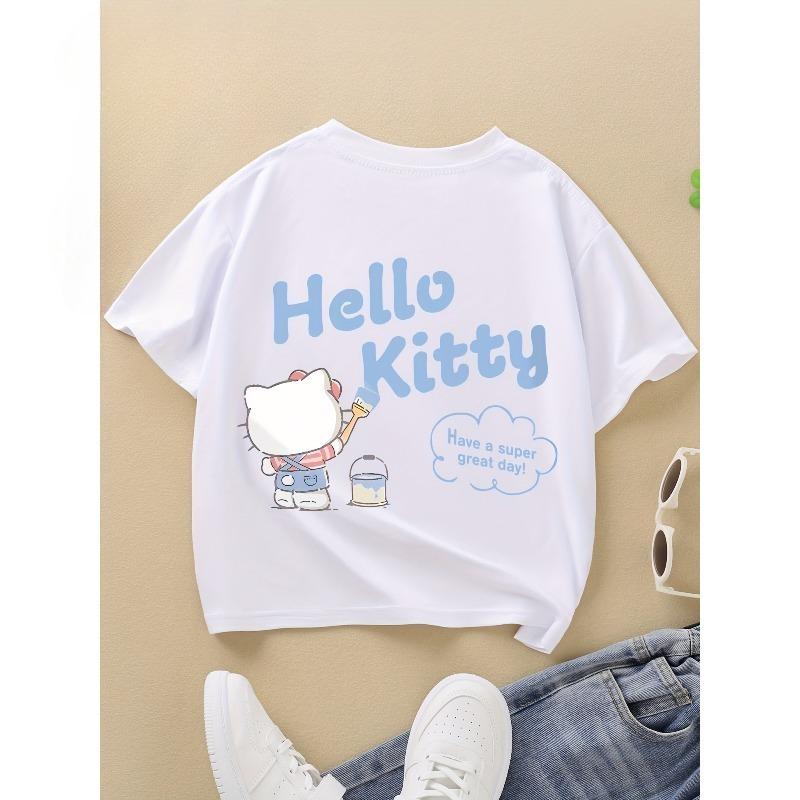 European sizes Girls Short-Sleeve T-Shirt - Cute Cartoon Blouse, Soft Breathable Summer Top 98cm белый
