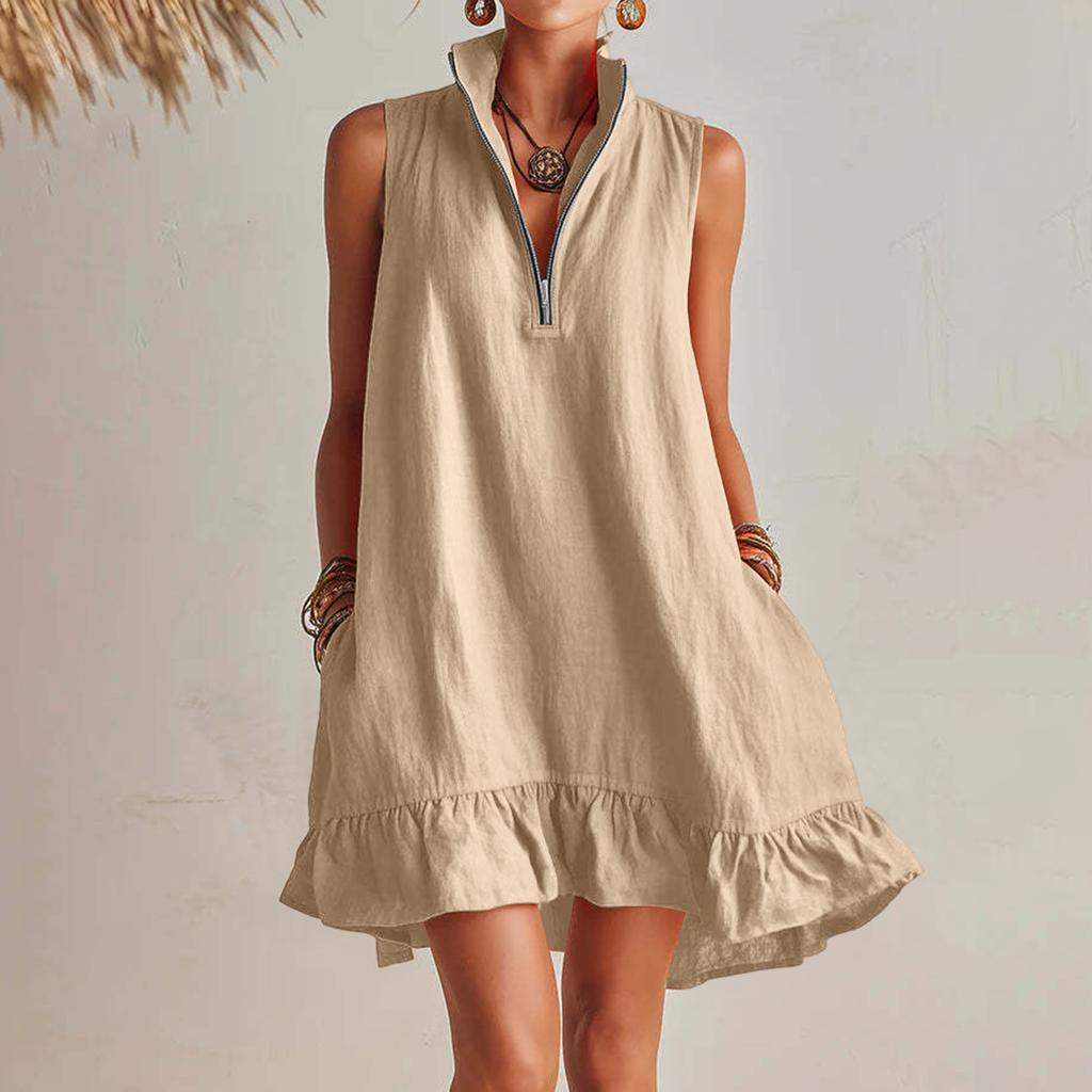 Women's Sleeveless V Neck Zip Front Summer Dress Loose Fit Ruffle Hem Casual Lightweight Linen Mini Dress