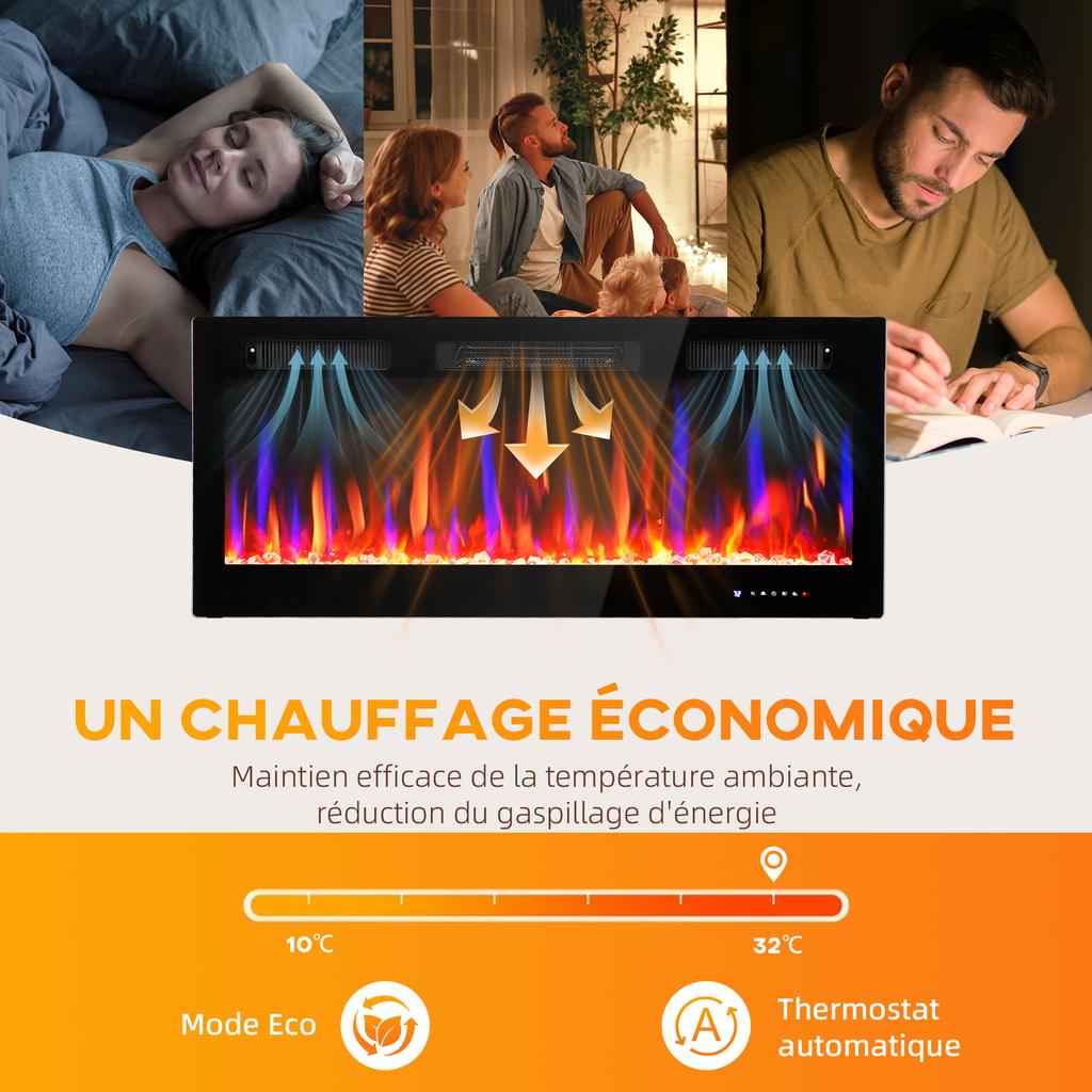 Wall-mounted or Built-in Electric Fireplace 900W/1800W, Flame Effect with 12 Colors 5 Brightness Levels, 106.7x9.4x47cm, Black