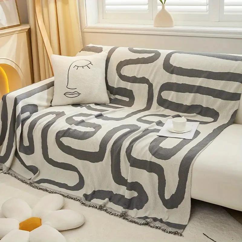 Einfaches Linienmuster Sofaüberwurf, Wendbarer Chenille-Sofaüberwurf Wohnzimmer 1/2/3/4-Sitzer Sofaüberwurf Vier Jahreszeiten Universal