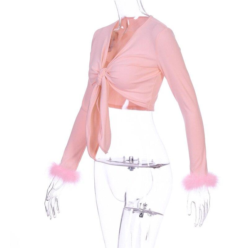 Women Bodycon Cropped Tops Solid Color Shirt  Sexy Short Cropped Top Plunging Neckline Long Sleeve Tops with Fur Cuffs