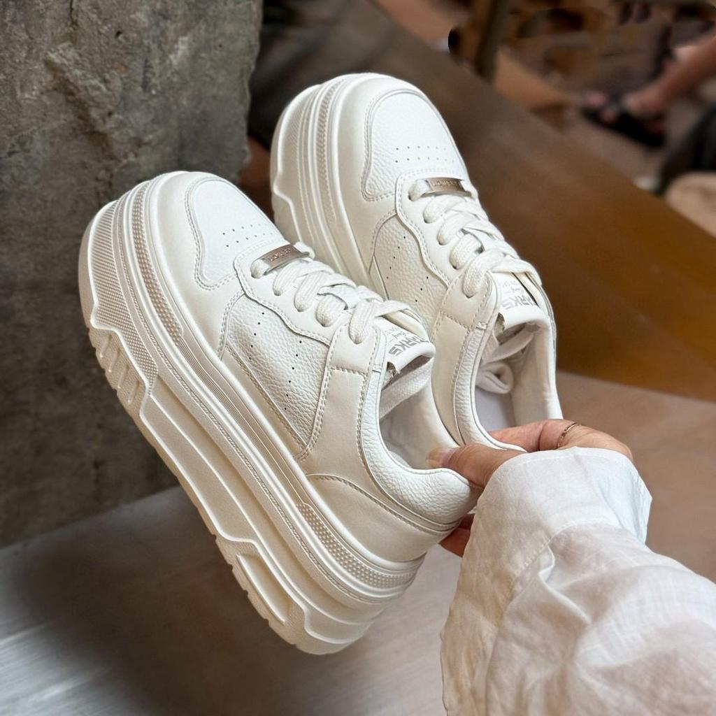 Women's Platform Sneakers - Genuine Leather, White, Height-Increasing, Autumn 2025 Collection, 7CM Sole, Petite Casual Sports Style