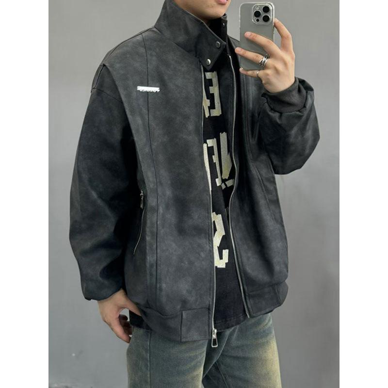 Pink Lapel Leather Jacket for Men and Women, Heavy Deconstructed Design Motorcycle Jacket, Handsome and High-end Baseball Uniform