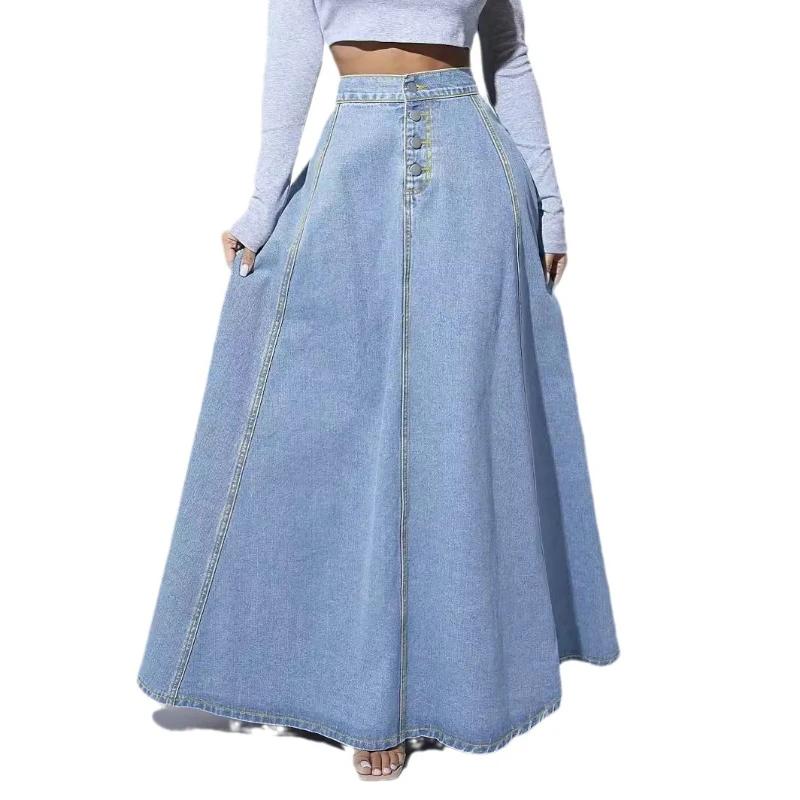 Denim Skirts Women Long Skirt A Line Single Breasted High Waist Jeans Vintage Maxi Simple Casual Elegant Splice Y2k Streetwear