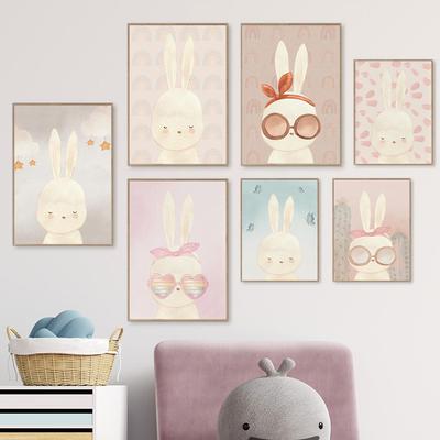 Boho Rainbow Bunny Wall Art Canvas Painting Nordic Poster Art Prints Cactus Rabbits Pictures for Girls Room Childrens Room Decor