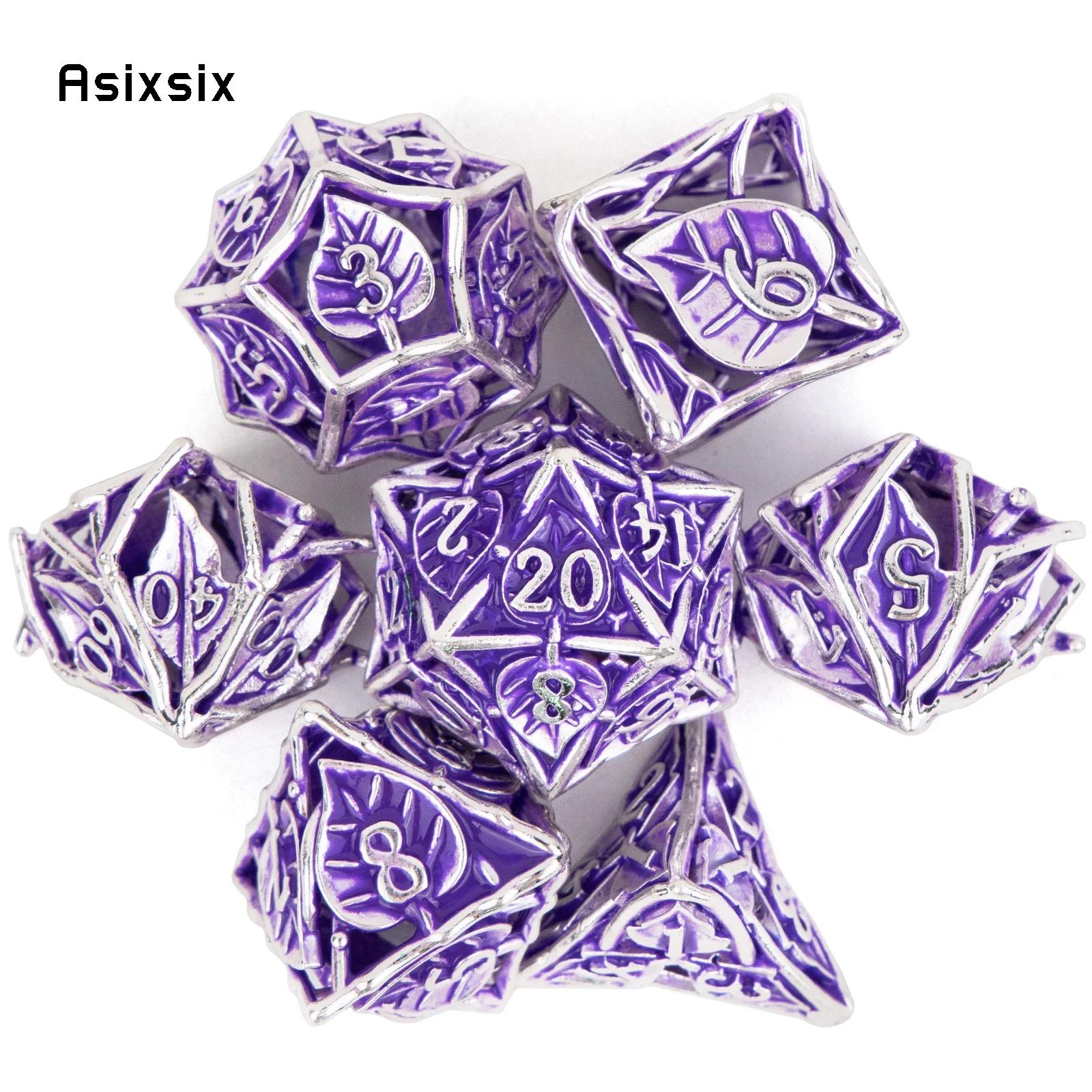 7 Pcs Purple Leaf Flower Metal Dice Hollow Metal Polyhedral Dice Set Suitable For Role-Playing Game