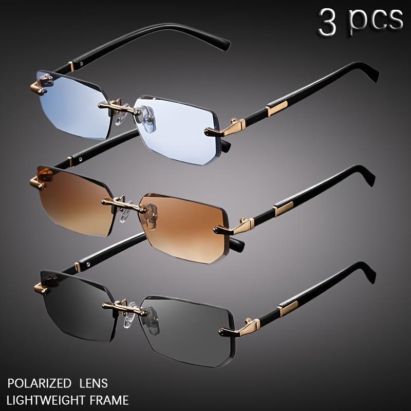 3pcs Fashion Cool Frameless Rectangular Small Frame Metal Glasses for Men Casual Business School Party Vacation Driving