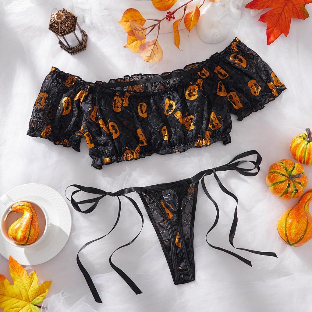 European-American Sexy Pumpkin Print Off-Shoulder Lingerie Set - Halloween Role Play Top & Tie-Up Thong