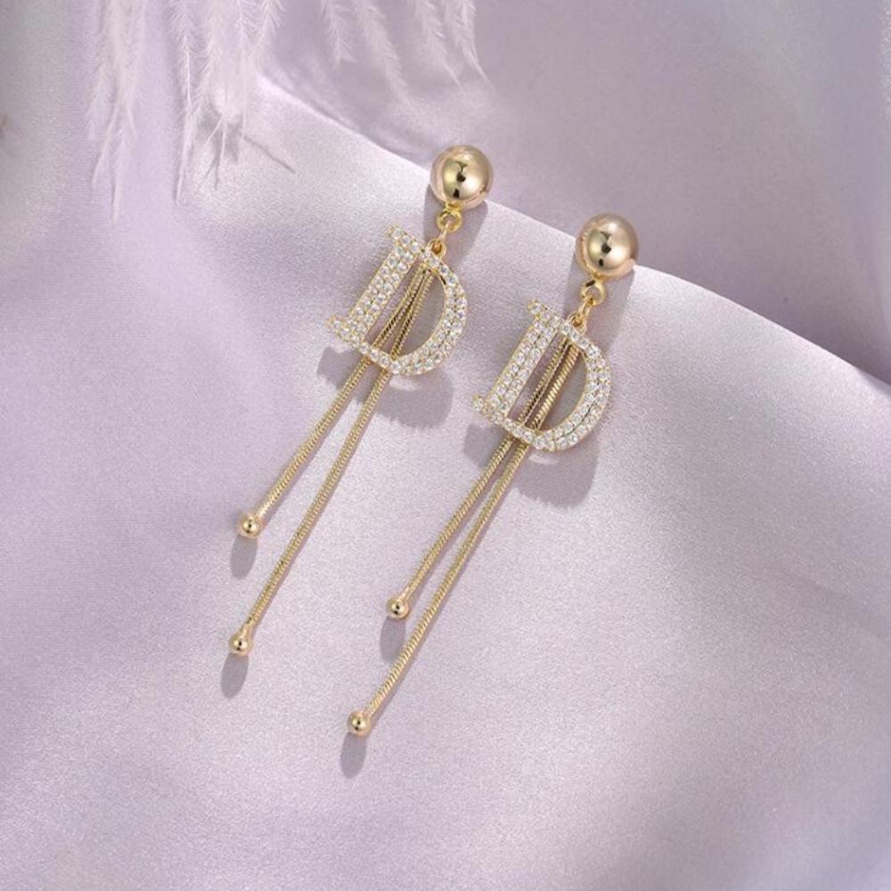 Exquisite Luxury Gold Color Letter D Long Drop Dangle Earrings for Women Charm Fashion Zircon Korea Earring Bride Jewelry Gift