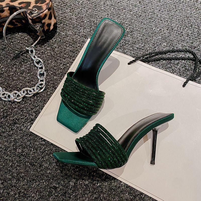 Fashion Bling Bling Luxury Crystal Square Toe Women Slippers Sandals Fashion Narrow Band Stiletto High Heels Mules Slides Modern Shoes