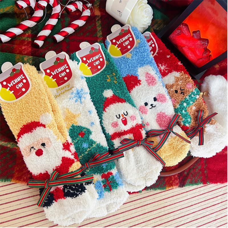 Wennie Oni Women's Plush Christmas Socks - Cozy Coral Fleece Winter Sleep & Warm Floor Socks with Cute Cartoon Design